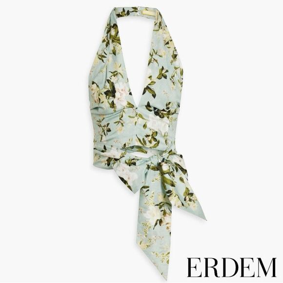 Erdem **NWT** Luna Poplin Cotton Halter Crop Top In Magnolia Garden Mint Green - Picture 15 of 16